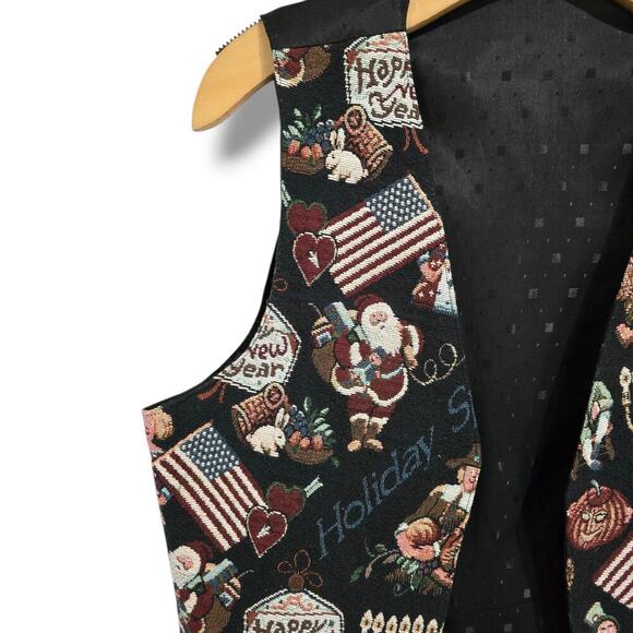 Womens Holiday Tapestry Vest Christmas Thanksgiving Hanukkah USA Flag Open Front - Picture 4 of 10